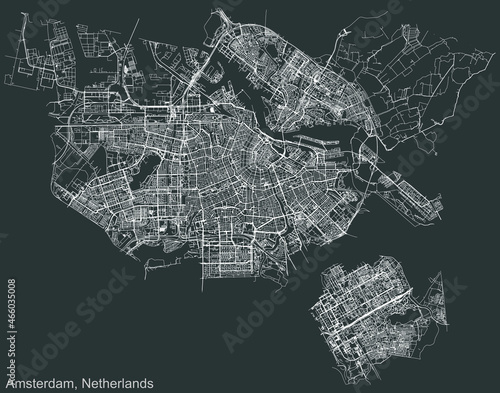 Detailed negative navigation urban street roads map on dark gray background of the Dutch capital city of Amsterdam, Netherlands