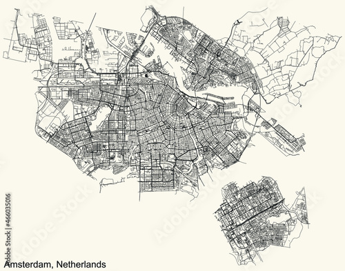 Detailed navigation urban street roads map on vintage beige background of the Dutch capital city of Amsterdam, Netherlands