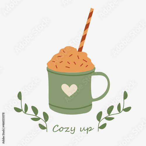 Cup of cacao. Vector illustration. Cozy winter drink. 