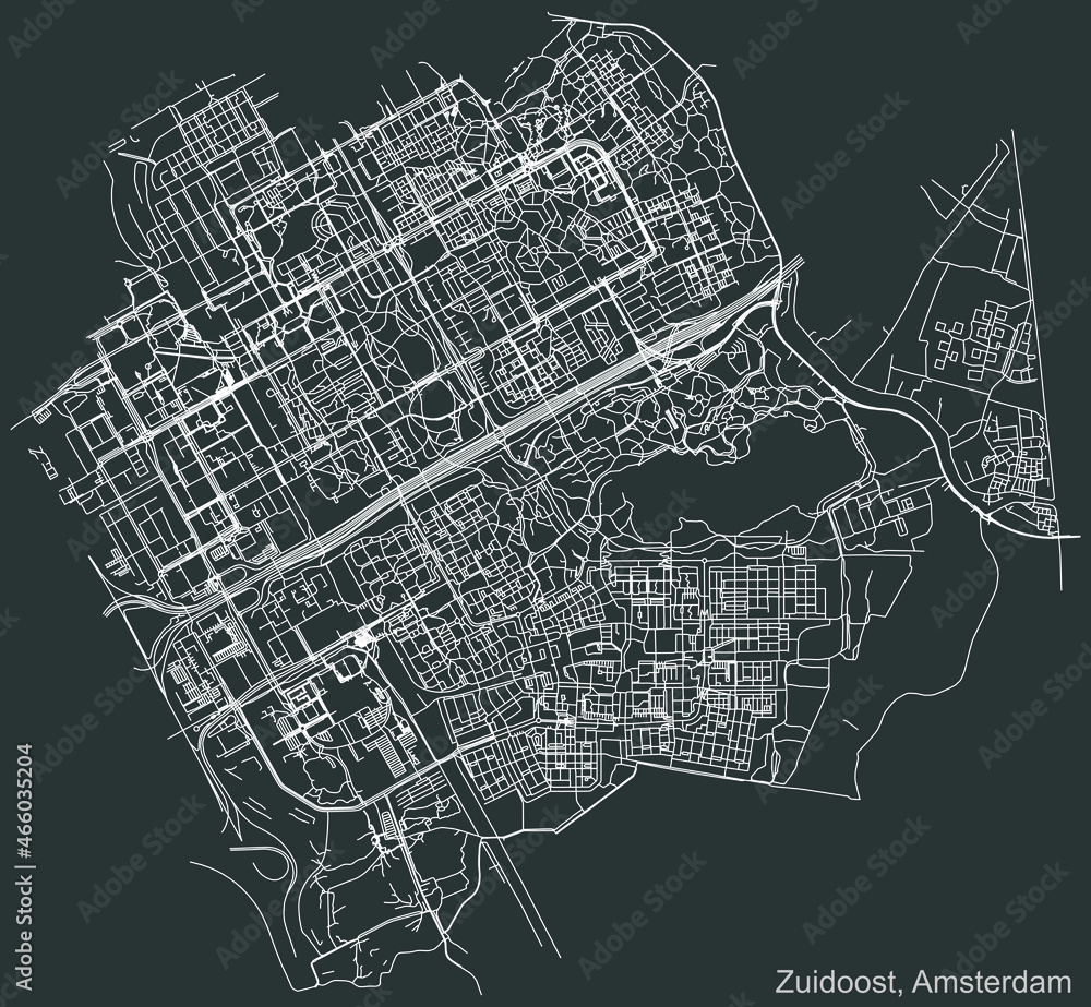 Detailed negative navigation urban street roads map on dark gray background of the quarter Zuidoost (Southeast) district of the Dutch capital city of Amsterdam, Netherlands