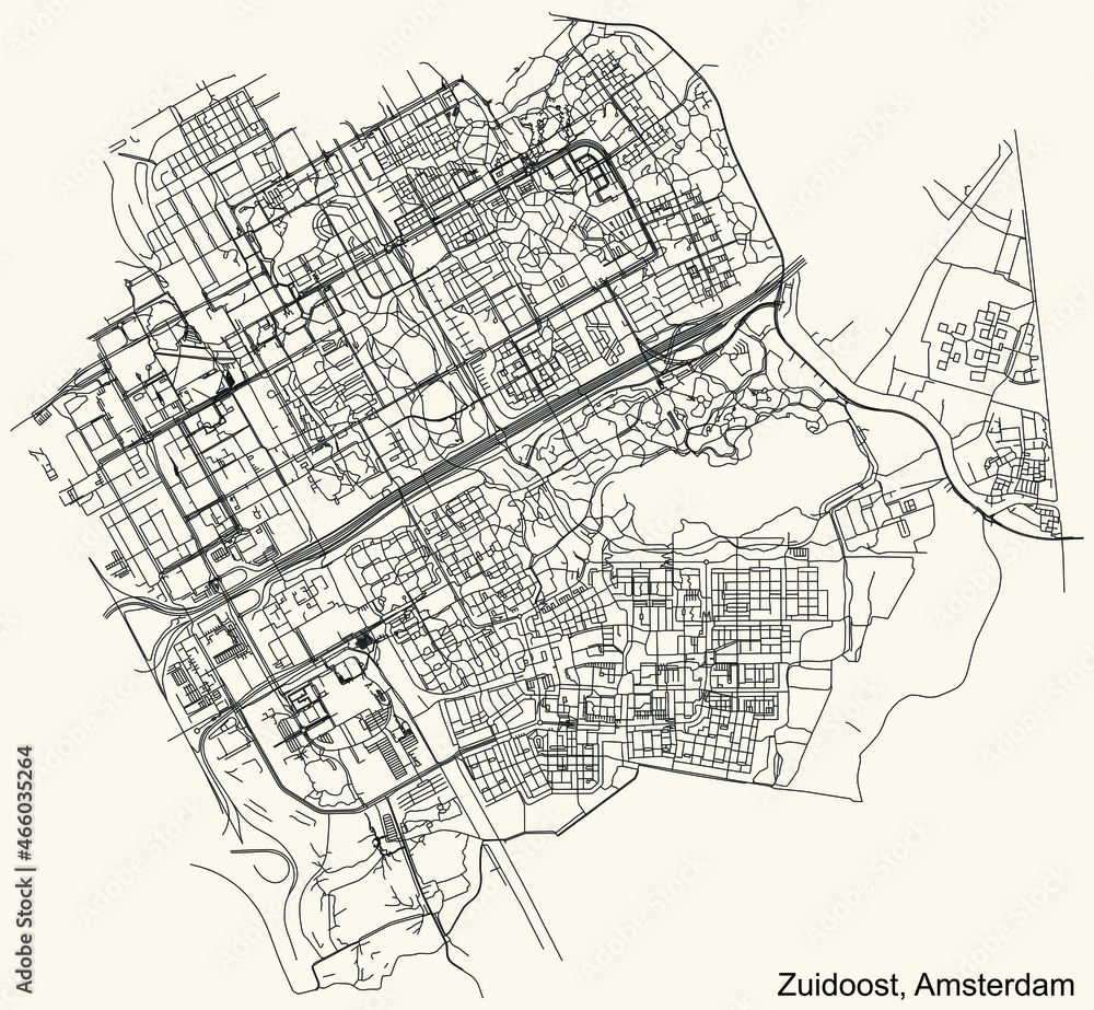 Naklejka premium Detailed navigation urban street roads map on vintage beige background of the quarter Zuidoost (Southeast) district of the Dutch capital city of Amsterdam, Netherlands