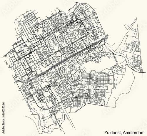 Detailed navigation urban street roads map on vintage beige background of the quarter Zuidoost (Southeast) district of the Dutch capital city of Amsterdam, Netherlands