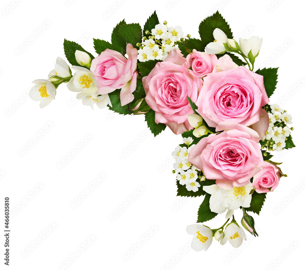 Pink roses, jasmine and spirea flowers in a corner arrangement isolated on white background