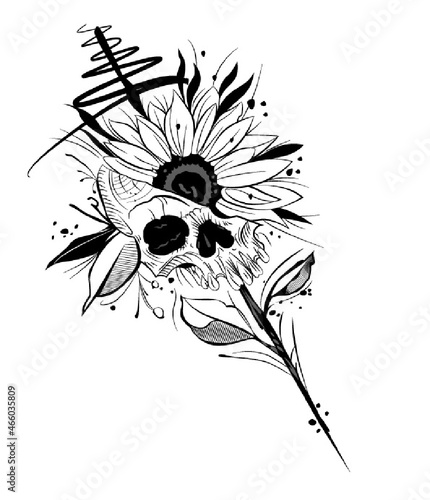 Tatuaje de calavera con girasol black work