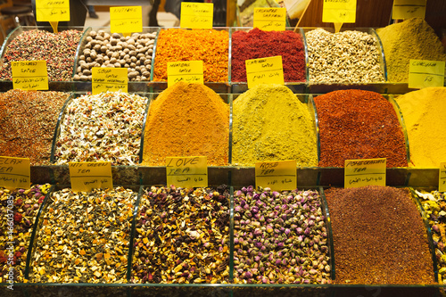 A spice stall in Spice Bazaar in Turkey displaying different spices