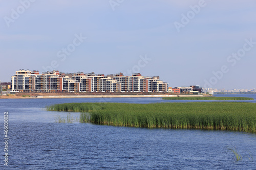 View of the new residential neighborhood on the banks of the Volga river. Kazan, Republic of Tatarstan, Russia.