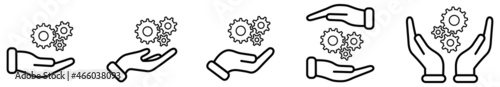 Cog or gear wheels symbol above and in hands - machinery care concept