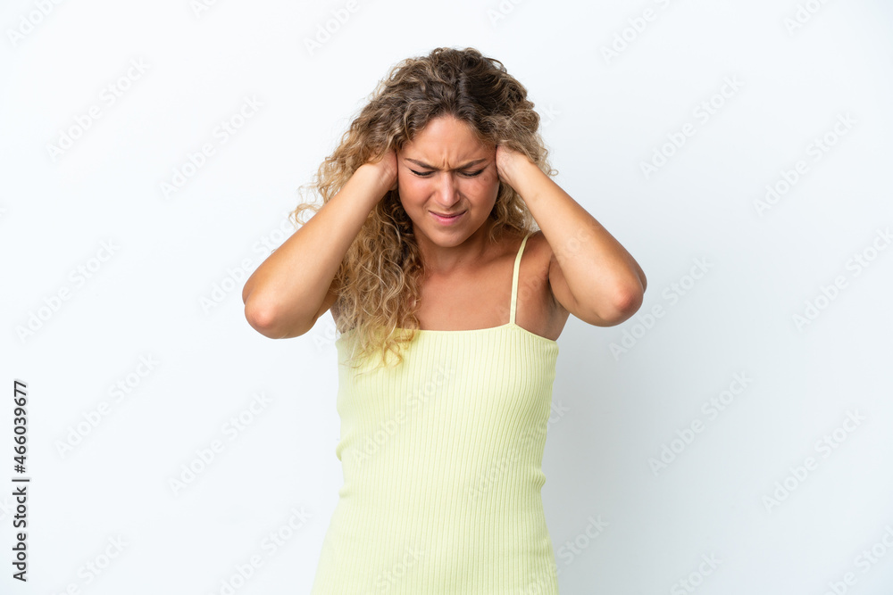Girl with curly hair isolated on white background frustrated and covering ears Girl with curly hair isolated on white background frustrated and covering ears