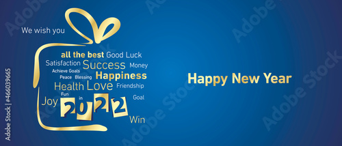 Happy New Year 2022 golden negative space numbers abstract christmas gift box word cloud text white blue background vector greeting card