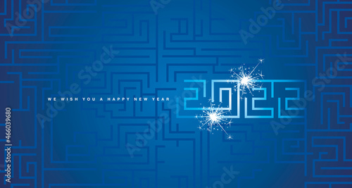 Happy New Year 2022 white cyberspace abstract high technology sparkle firework new year 2022 typography blue background