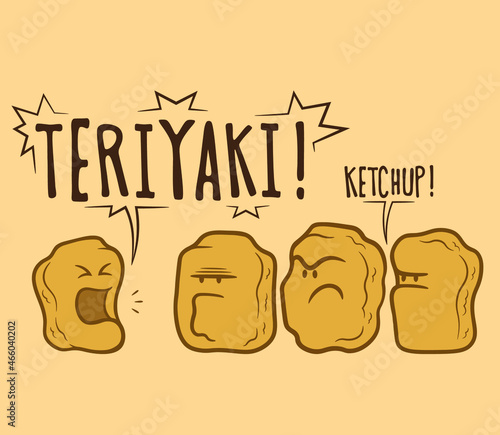 Cute cartoon vector chicken Nuggets really difficult choice sauce teriyaki or ketchup