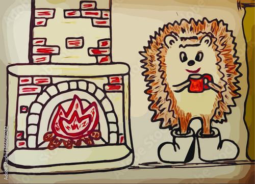 Hedgehog drinks a hot drink by the fireplace. Flat vector illustartion.