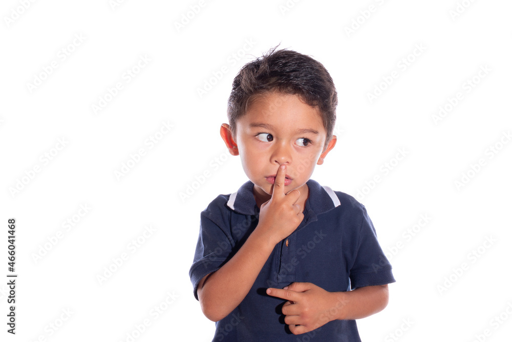Child asking for silence, isolated on white background. Latin boy asks for silence with finger on mouth. Child asking for silence, isolated on white background. Latin boy asks for silence with finger on mouth.