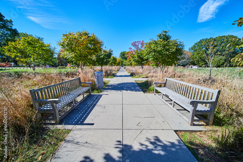 Tablou pe pânză Walkway lined with seating benches and fall grasses against blue sky