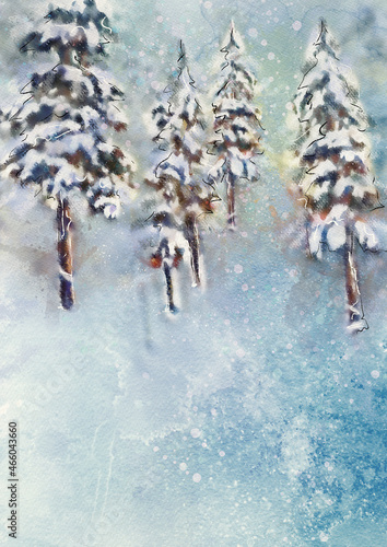 Winter forest. Watercolor background, design element © pronoia