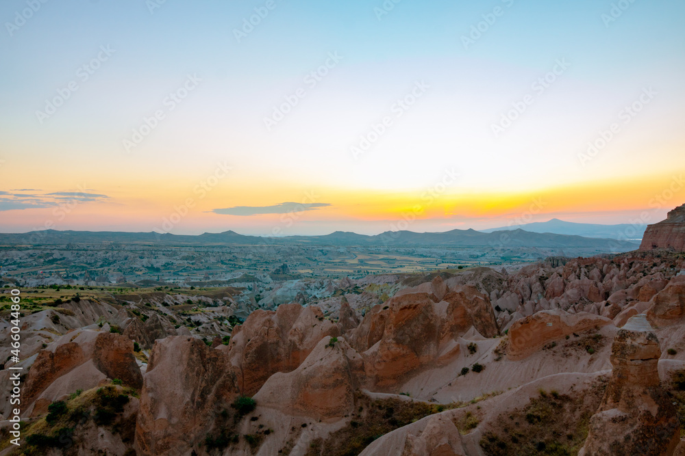 Kizilcukur Valley in Cappadocia at Sunset. Sunset view from Kizilcukur. Travel to Turkey. Most iconic sunset view in Cappadocia. 