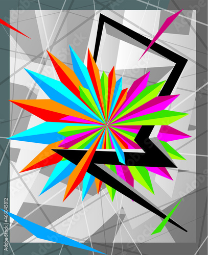 Abstract shattered explosive image with bold colors and muted grays. 