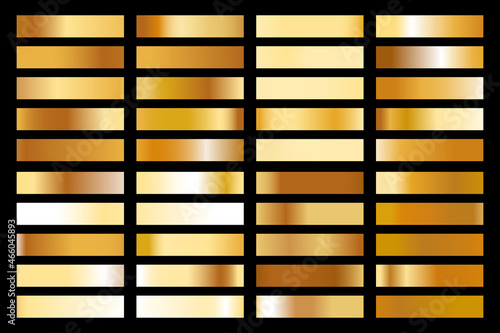 Metalic gradient collection with shiny gold hologram. Holographic foil texture, gold rose, brown and golden gradation. Vector set for frame, ribbon, border, other design