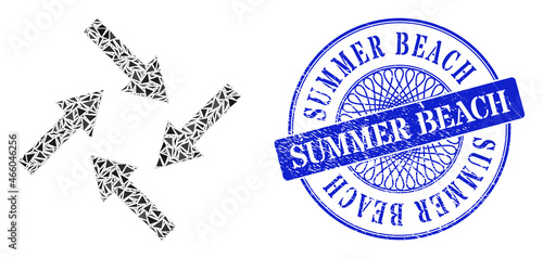 Centripetal arrows collage of triangle, and Summer Beach grunge stamp seal. Blue stamp seal has Summer Beach title inside circle shape.