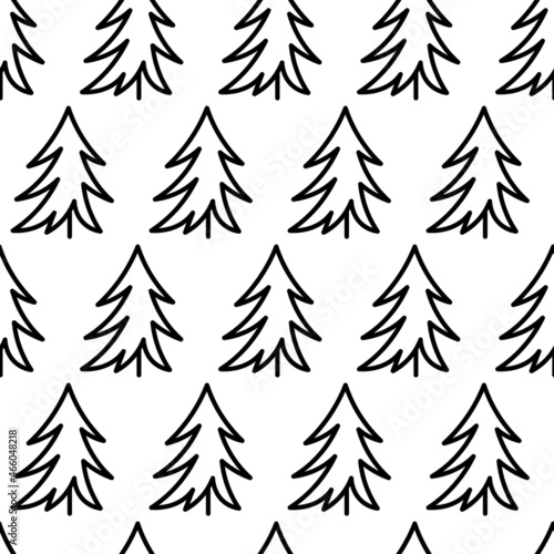 Black and white seamless pattern with fir tree icon. Vector trees symbol sign. Plants, landscape design for print, card, postcard, fabric, textile. Business idea concept