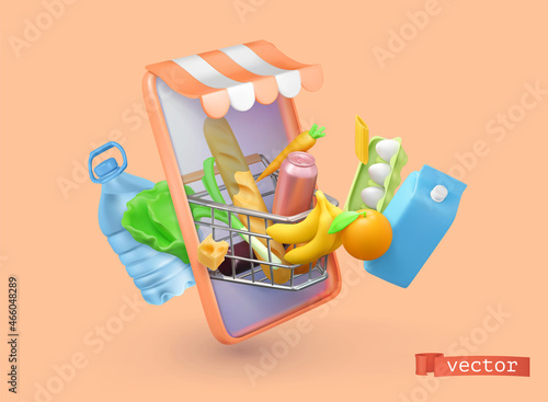 Online market. Grocery basket and smartphone. 3d vector realistic render illustration