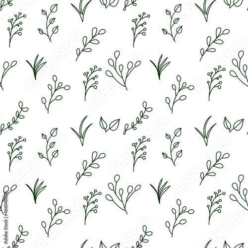 Seamless white background with green branches and leaves in the doodle style.
