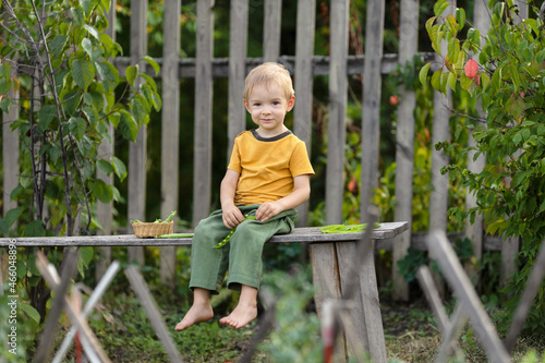 Life in the village.A boy is sitting on a wooden bench