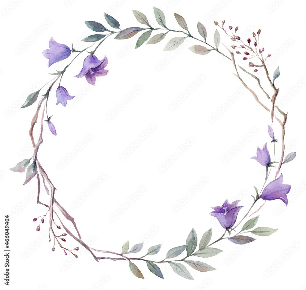 Watercolor illustration of a wreath with bells, frame for text 