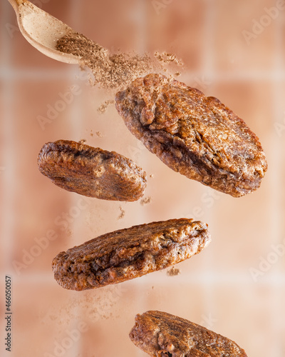 Flying pancakes on a bright background