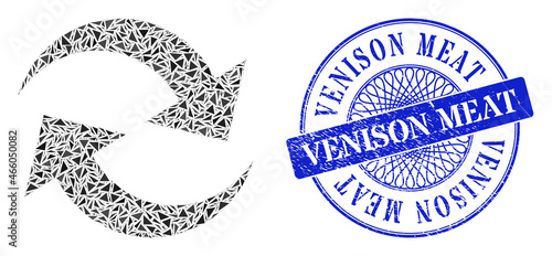 Refresh arrows collage of triangle items, and Venison Meat rubber stamp seal. Blue stamp includes Venison Meat title inside round shape.