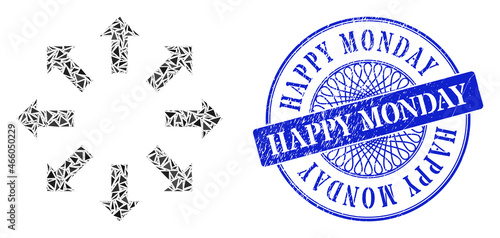 Expand arrows mosaic of triangle, and Happy Monday scratched seal print. Blue seal includes Happy Monday title inside round form. Vector expand arrows collage is designed of scattered triangle parts.