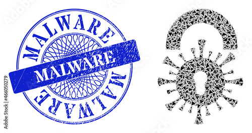 Viral lockdown mosaic of triangle, and Malware corroded seal. Blue seal includes Malware title inside circle form. Vector viral lockdown mosaic is done of different triangle items.