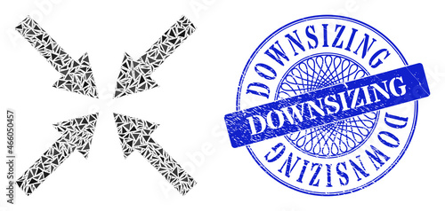 Center arrows mosaic of triangle parts, and Downsizing unclean seal imitation. Blue seal contains Downsizing text inside circle form.