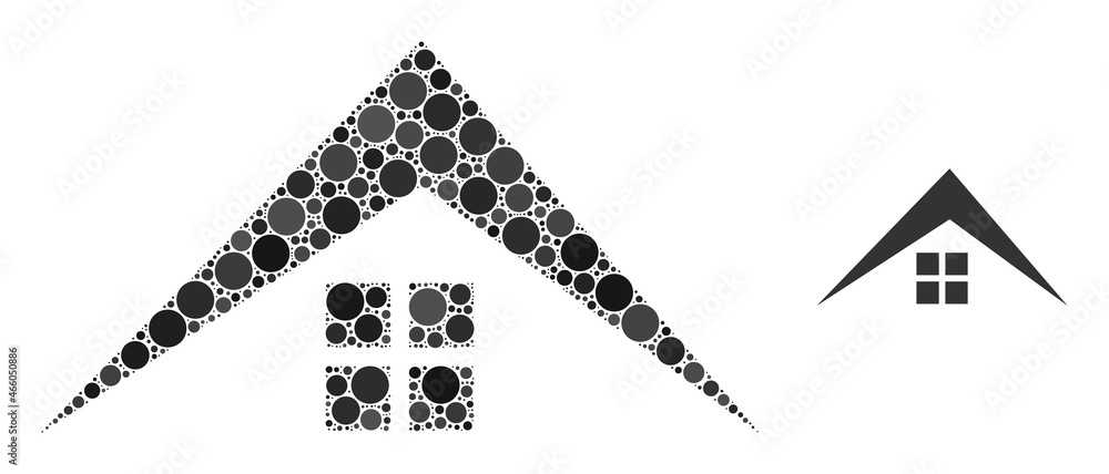 House roof vector mosaic of round dots in variable sizes and color tinges. Round dots are organized into house roof vector illustration. Abstract vector illustration. House roof vector mosaic of round dots in variable sizes and color tinges. Round dots are organized into house roof vector illustration. Abstract vector illustration.