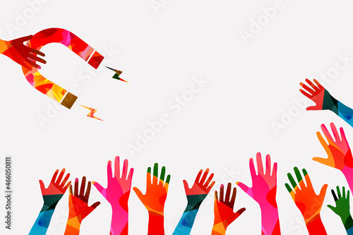 Attracting customers and buyers. Marketing strategy for attracting new users, leads, followers. Job recruitment. New candidates search. Magnet attracting people. Vector illustration