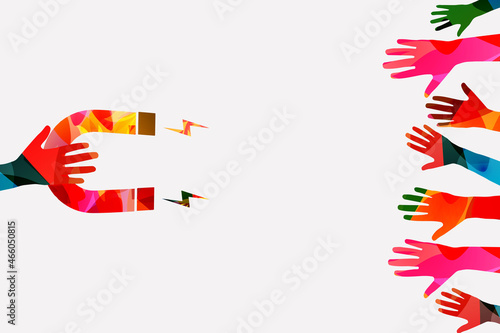 Attracting customers and buyers. Marketing strategy for attracting new users, leads, followers. Job recruitment. New candidates search. Magnet attracting people. Vector illustration
