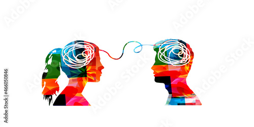 Puzzled mind. Confused thoughts. Mental exercise. Intelligence test. Critical thinking. Brain teaser. Complicated logic questions. Solution finding. Male and female silhouettes vector illustration