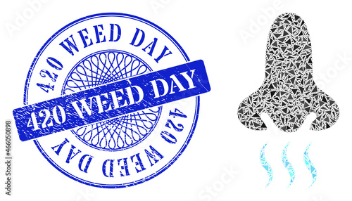 Snuff collage of triangle parts, and 420 Weed Day scratched seal imitation. Blue seal contains 420 Weed Day tag inside round shape. Vector snuff collage is designed of randomized triangle parts.
