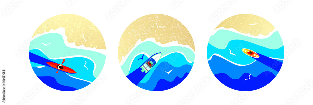 Vector icons with sea, coast and waves. A yacht, canoe, boat, kayak, surfing, standup paddleboarding sail on the sea. 