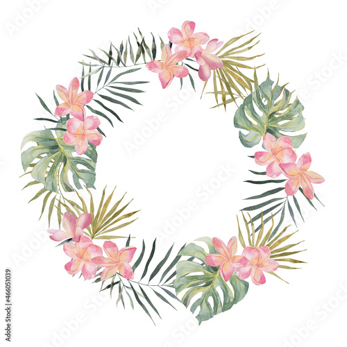 Jungle wreath with plumeria, monstera, palm leaves. Watercolor hand drawn. Frame isolated on white background. For summer floral design, wedding invitation, save date or greeting card. © NastiyaMaki