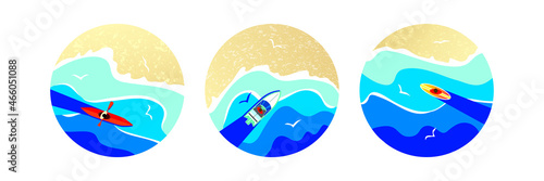 Vector icons with sea, coast and waves. A yacht, canoe, boat, kayak, surfing, standup paddleboarding sail on the sea. 