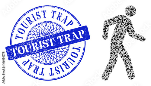 Pedestrian collage of triangle parts, and Tourist Trap unclean stamp. Blue stamp seal includes Tourist Trap text inside round form. Vector pedestrian collage is designed of different triangle parts.
