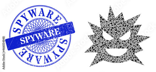 Virus cell collage of triangle, and Spyware textured seal imitation. Blue stamp has Spyware caption inside circle shape. Vector virus cell collage is done of random triangle elements.