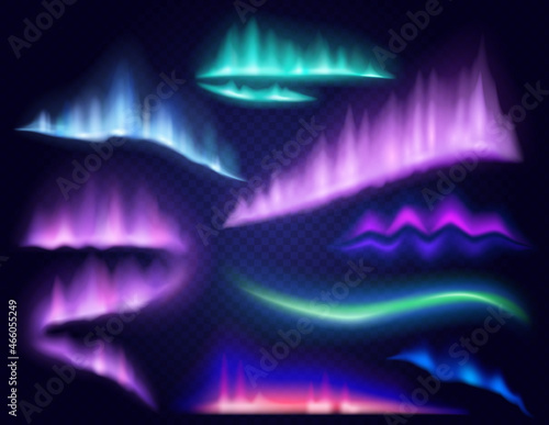 Realistic lights of arctic aurora borealis, northern natural phenomenon. Northern polar lights and aurora borealis glow