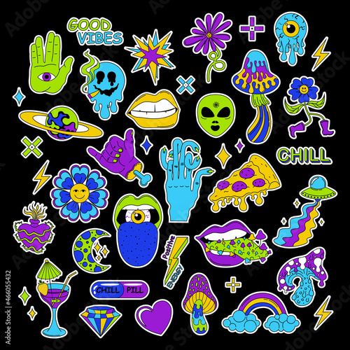 Cartoon abstract groovy comic funny emoji characters. Neon cartoon psychedelic hippy stickers with mushrooms and eyes.