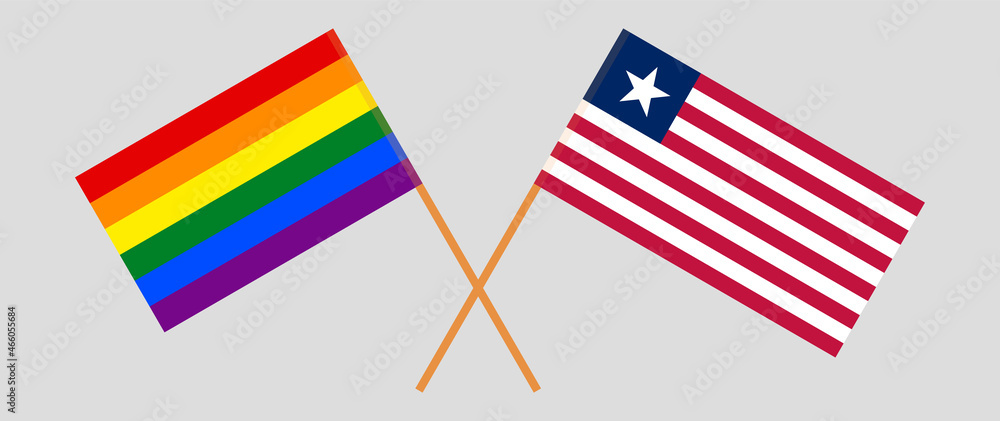 Crossed flags of LGBTQ and Liberia. Official colors. Correct proportion Crossed flags of LGBTQ and Liberia. Official colors. Correct proportion