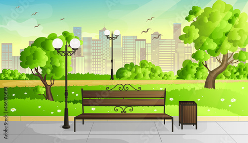 City park with green trees bench, walkway and lantern. Town and city park landscape nature.