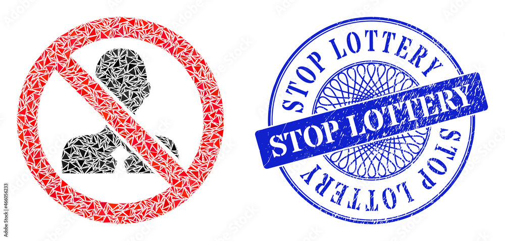 No clerk mosaic of triangle parts, and Stop Lottery dirty badge. Blue seal contains Stop Lottery text inside round form. Vector no clerk mosaic is designed of randomized triangle parts.