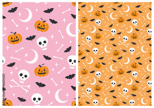 Set of Two Seamless Vector Patterns with Halloween Hand Drawn Elements on Pink and Orange Background. Cute Repeteable Designs. Great for Textile, Fabric Prints, Wrapping Paper.