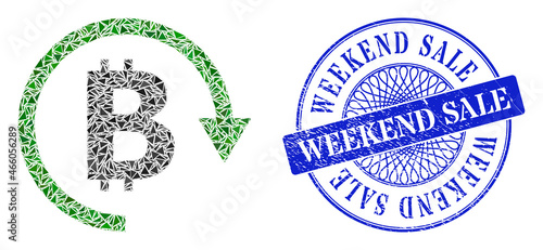 Bitcoin repay mosaic of triangle items, and Weekend Sale corroded seal. Blue seal has Weekend Sale text inside circle shape. Vector bitcoin repay mosaic is designed with random triangle items.